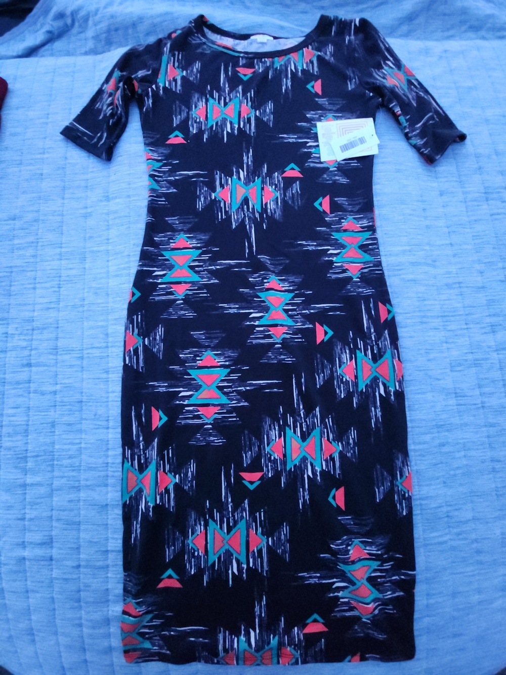 LuLaRoe Black Midi Dress with Teal & Coral Geometric Print